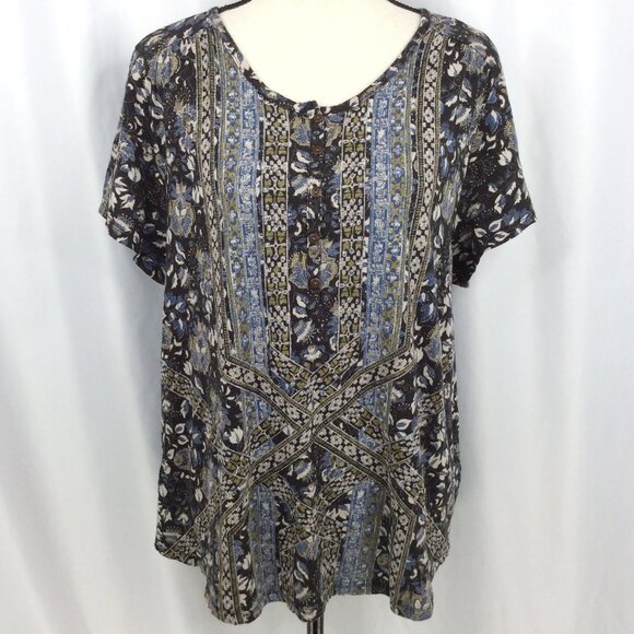 Lucky Brand Henley Top Womens Plus Size 2X Floral Boho Black Short Sleeve - Picture 1 of 7